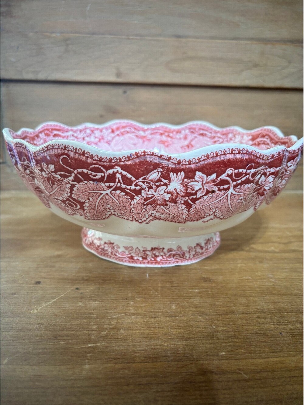 Vintage English Mason's Vista Pink Red Ironstone Footed Bowl Transferware